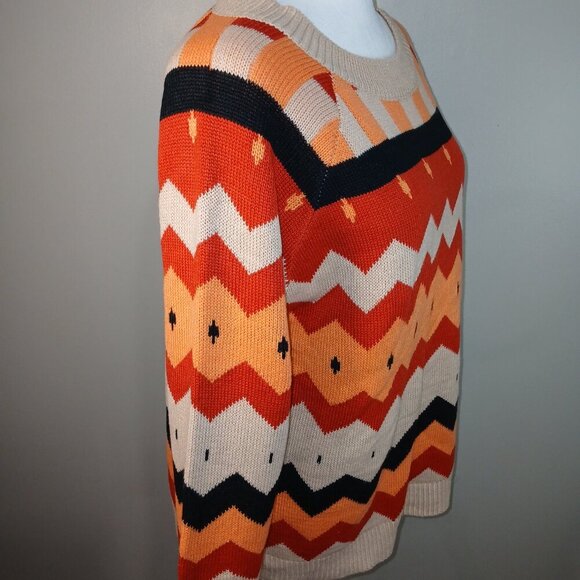 DEXTER ZIGZAG PATTERN SWEATER IN ORANGES BLACK AND CREAM LONG SLEEVE SIZE LARGE - Picture 4 of 6